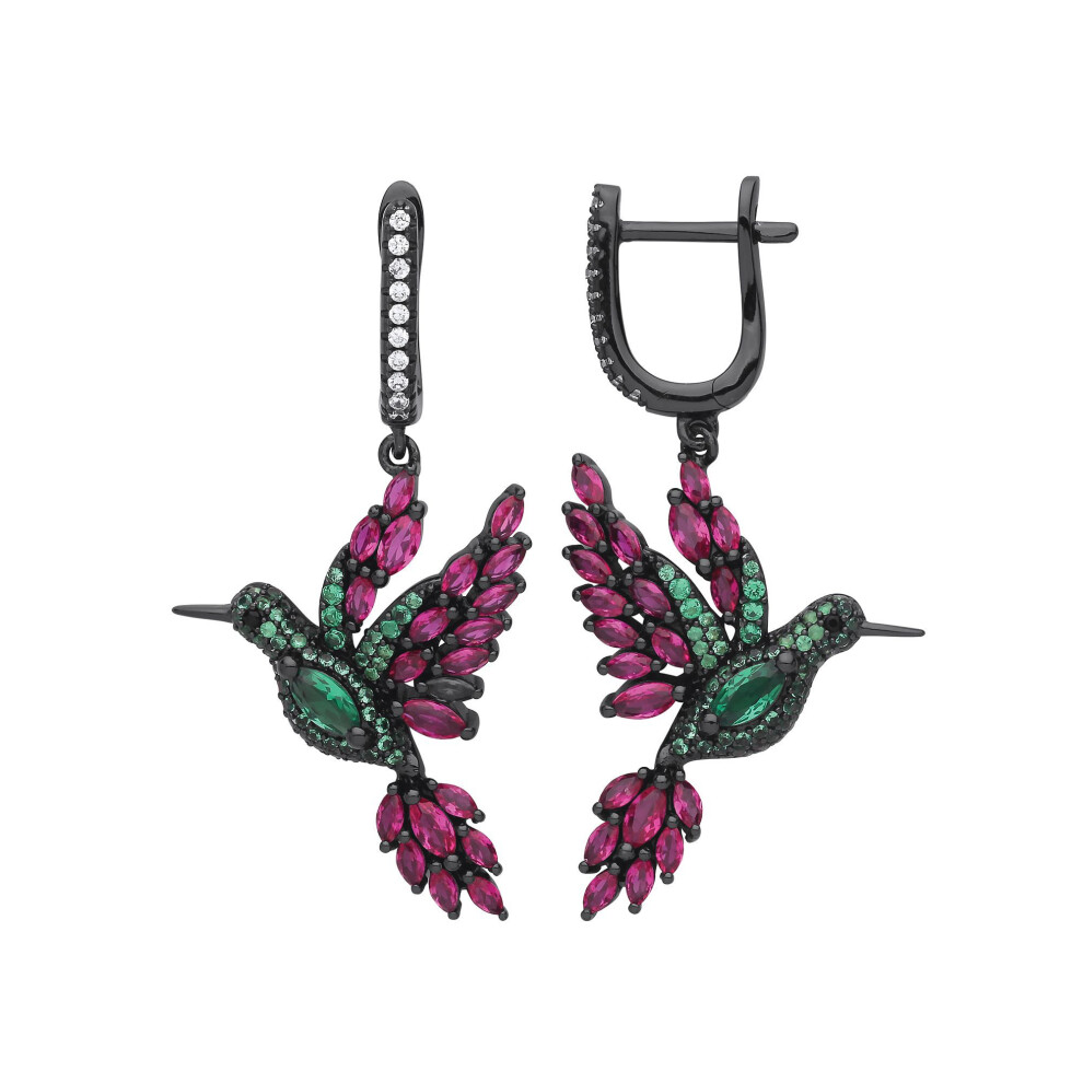 Jewelco London Black Sterling Silver Emerald-Green Ruby-Red Marquise Cubic Zirconia Majestic Hummingbird Drop Earrings - Gve862