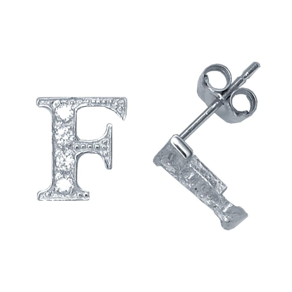 Jewelco London Ladies Sterling Cubic Zirconia Identity Initial Stud Earrings Letter F - Gin3-F Silver