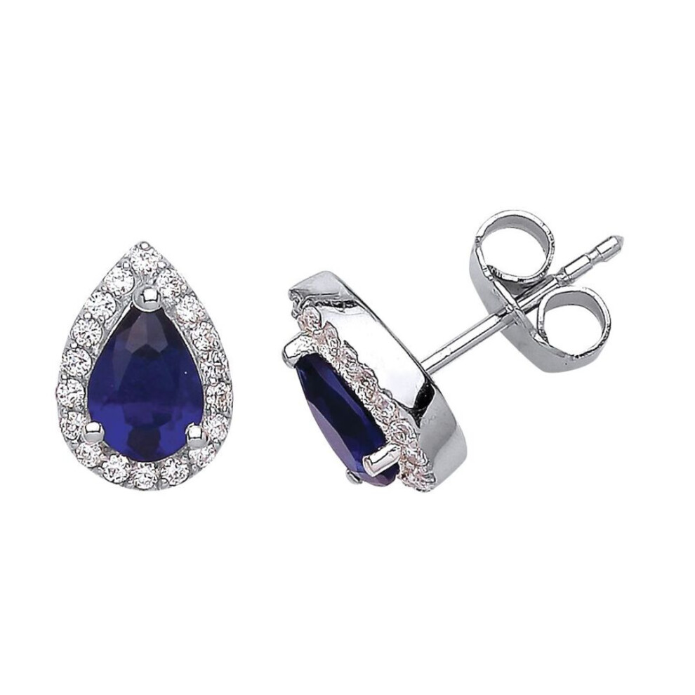 Jewelco London Ladies Sterling Sapphire-Blue Pear Cubic Zirconia Halo Tears Of Joy Stud Earrings - Gve534 Silver