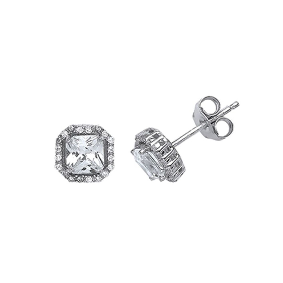Jewelco London Ladies Sterling Princess Cut Cubic Zirconia Halo Stud Earrings - Gve540 Silver
