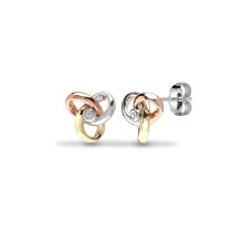 Jewelco London Solid 9ct 3 Colour Gold Rub Over Set Round H I1 0.03ct Diamond Trilogy Knot Solitaire Stud Earrings - 9E179
