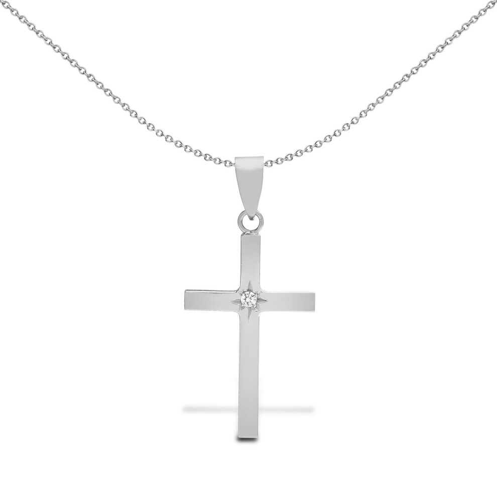 Jewelco London Solid 18Ct White Gold Star Set Round G Si1 0.03Ct Diamond Minimalist Solitaire Cross Pendant - 18X107