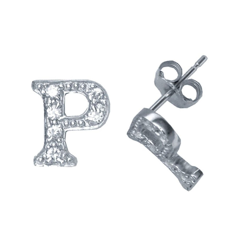 Jewelco London Ladies Sterling Cubic Zirconia Identity Initial Stud Earrings Letter P - Gin3-P Silver