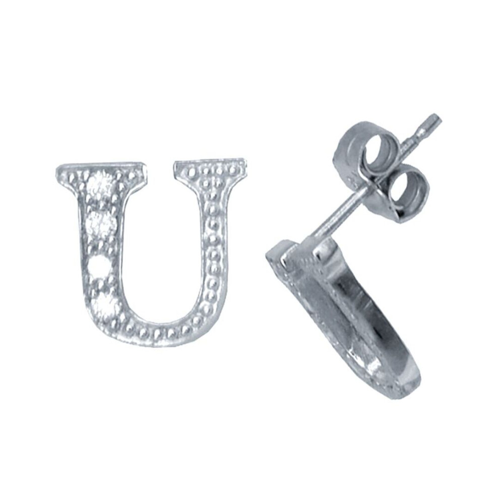 Jewelco London Ladies Sterling Cubic Zirconia Identity Initial Stud Earrings Letter U - Gin3-U Silver