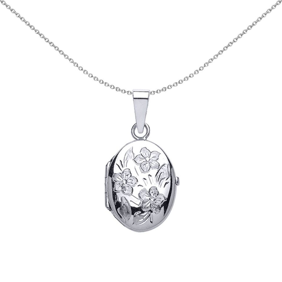 Jewelco London Ladies Sterling Oval Flowers Locket Necklace 18 Inch - Lk26 Silver