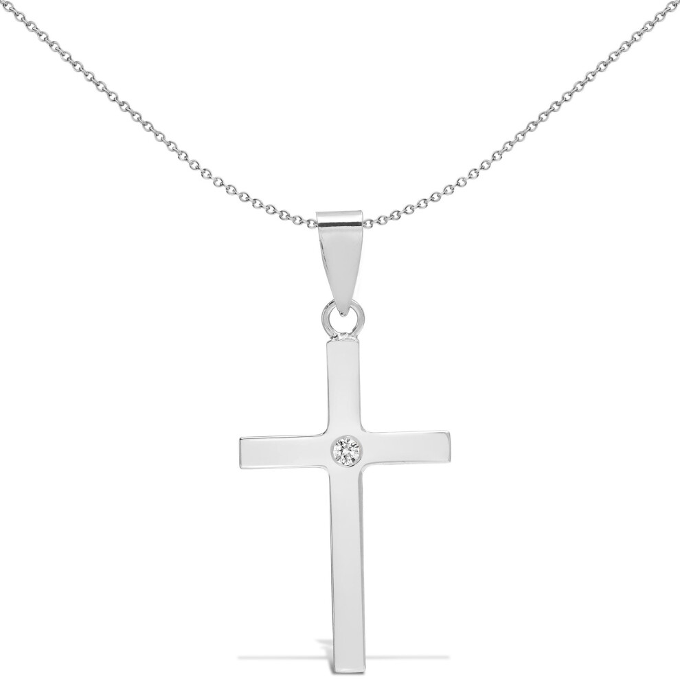 Jewelco London Solid 18Ct White Gold Invisible Set Round G Si1 0.03Ct Diamond Minimalist Solitaire Cross Pendant - 18X109