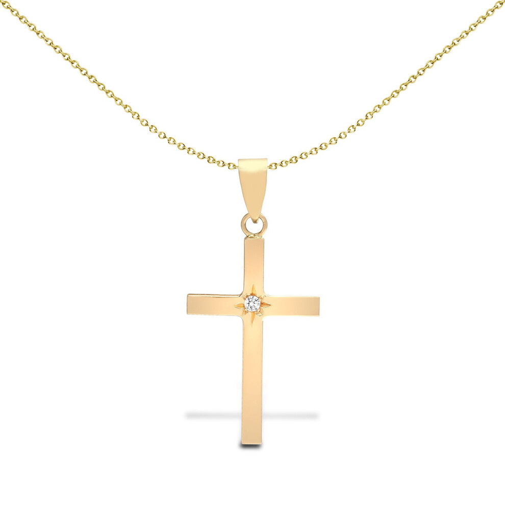 Jewelco London Solid 18Ct Yellow Gold Star Set Round G Si1 0.03Ct Diamond Minimalist Solitaire Cross Pendant - 18X106