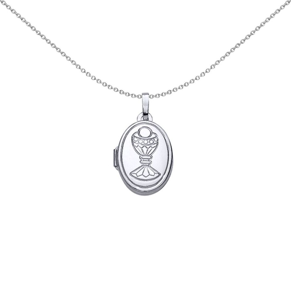 Jewelco London Ladies Rhodium Plated Sterling Oval Eucharist Chalice First Communion Locket Necklace 18 Inch - Lk34 Silver