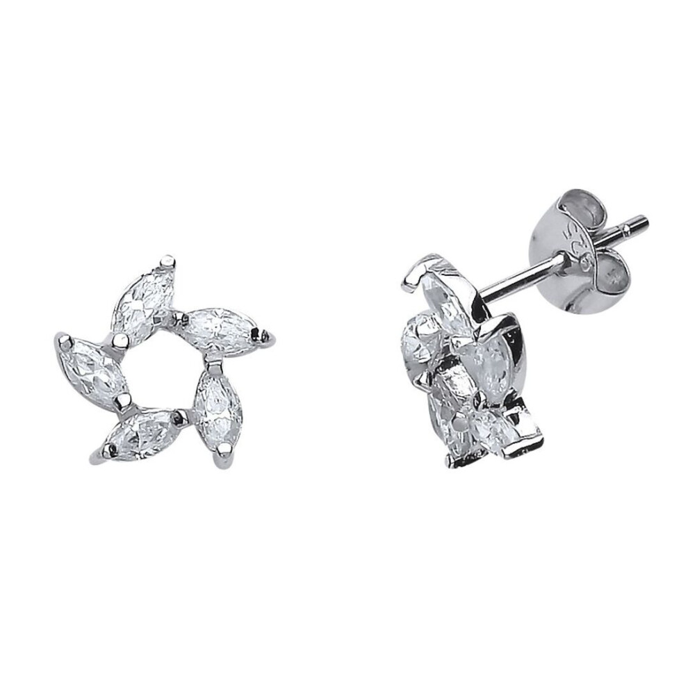 Jewelco London Ladies Sterling Marquise Cubic Zirconia Flower Stud Earrings - Gve502 Silver