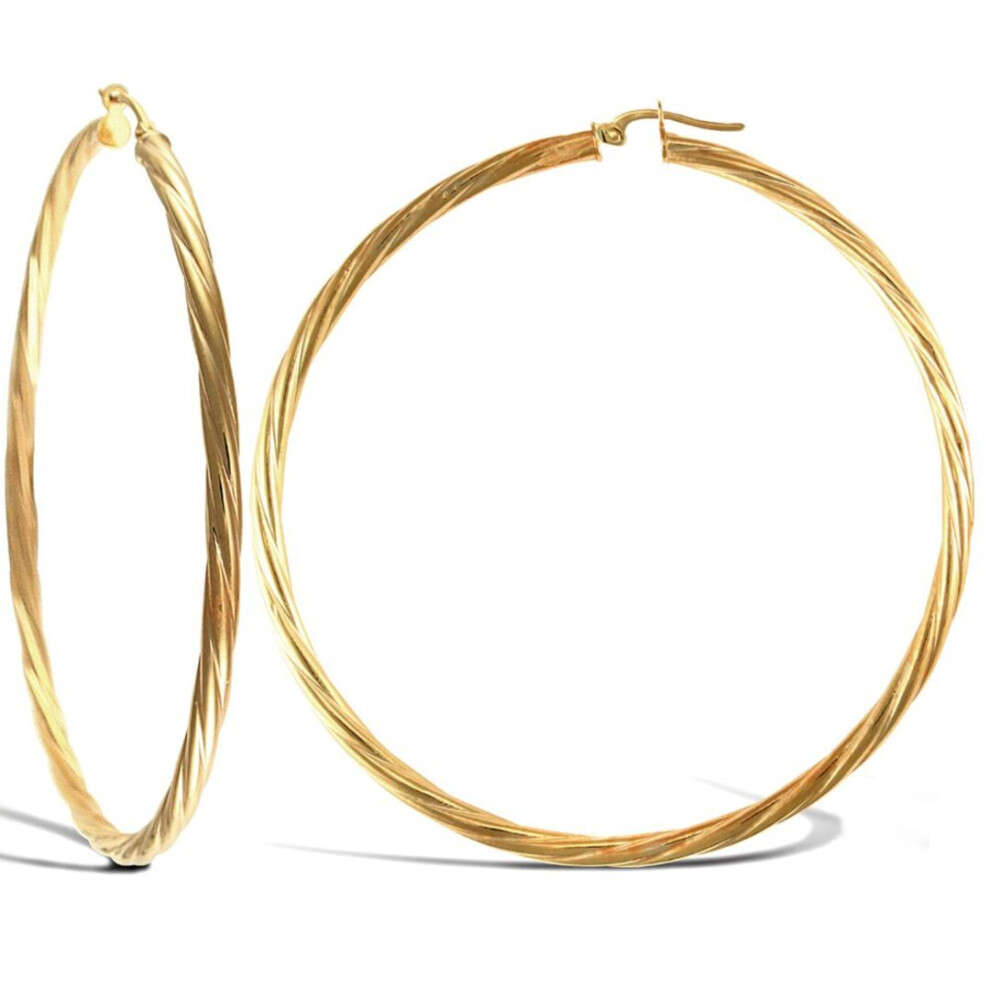 Jewelco London Ladies 9Ct Yellow Gold Twisted 3Mm Hoop Earrings 65Mm - Jer200a