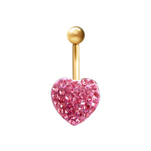 Jewelco London Ladies 9ct Yellow Gold Baby Pink Round Crystal Love Heart Banana Belly Bar, 10mm - JBJ118