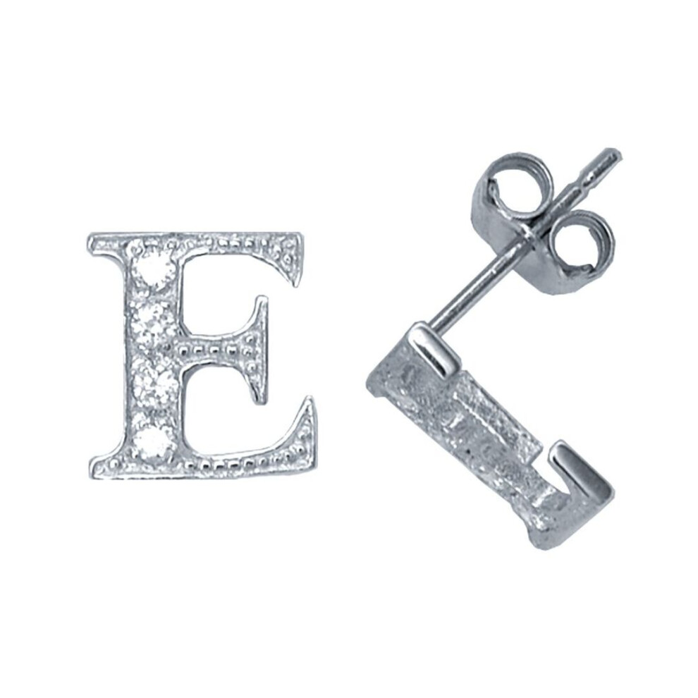 Jewelco London Ladies Sterling Cubic Zirconia Identity Initial Stud Earrings Letter E - Gin3-E Silver