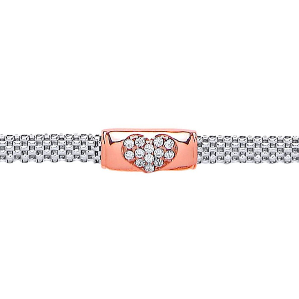 Jewelco London Rose Plated Sterling Silver Cubic Zirconia Love Heart Bar Correana Bracelet - Gvb245