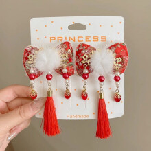 Chinese Style Tassel Hairpins with Furry Balls – 2-Piece