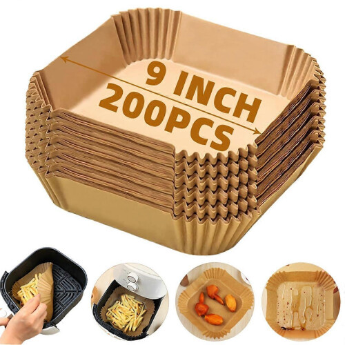 Pacote com 200 unidades de forros de papel para fritadeira a ar, formato quadrado de 9 polegadas, compatíveis com fritadeiras de 5 a 8 litros. 1