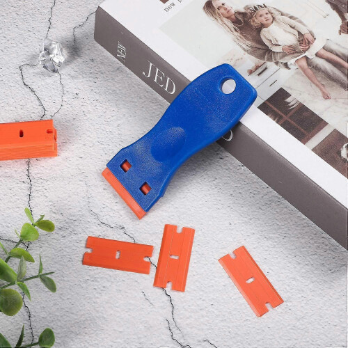 4 Pcs Plastic Razor Scraper Tools with 100 Pcs Plastic Razor Blades Sticker Remover Scraper for Stickers Labels Decals 2