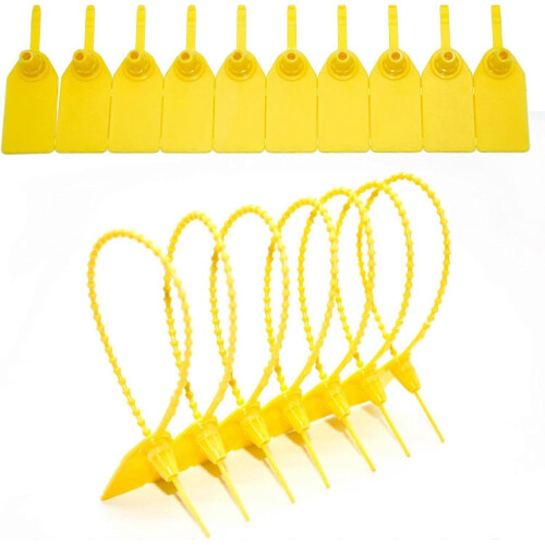 (Yellow) Plastic Tamper Seals, 100 Pcs Self Locking Safety Zip Ties, Pull-Tite Safety Label for Fire Extinguishers