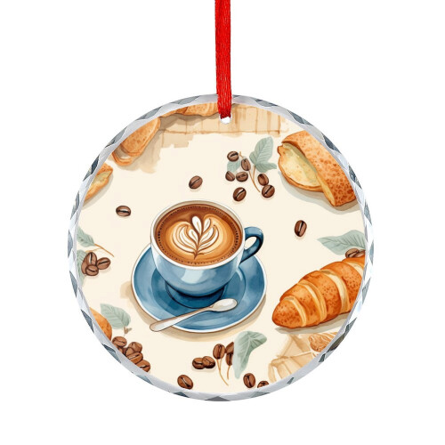 Coffee and Bread Glass Christmas Ornament Round