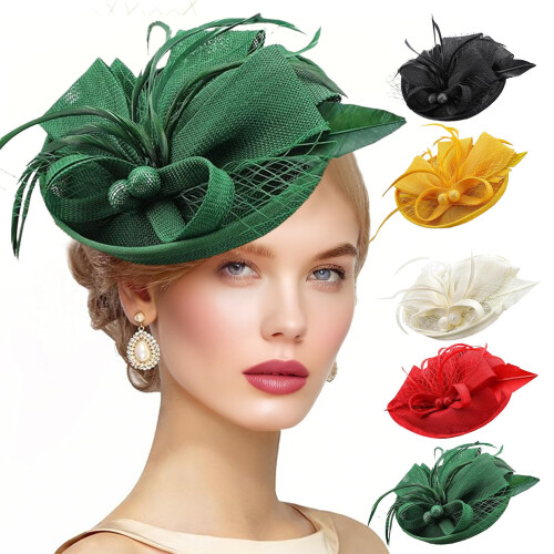 Chapeau bibi rouge à plumes, style « tea party », 20 cm