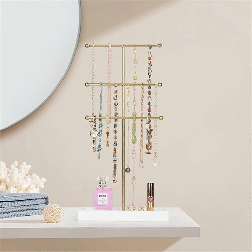 Gold 3-Layer T-Shaped Jewelry Rack Removable Solid Wood Base Ring Earring Necklace Storage Box 2
