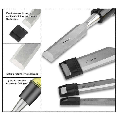 4pcs Wood Chisel Set, CR-V Steel Beveled Edge Blade, PVC High Impact Handle 2