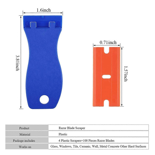 4 Pcs Plastic Razor Scraper Tools with 100 Pcs Plastic Razor Blades Sticker Remover Scraper for Stickers Labels Decals 1
