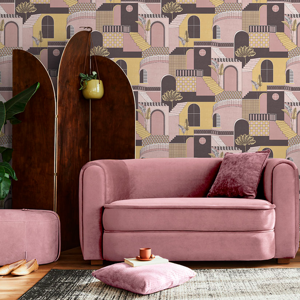 Holden Decor Medina Pink Yellow Wallpaper 13102 - Mediterranean Building Leaf 5061103678768