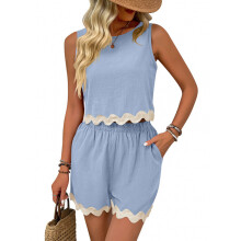 Women's two-piece vacation casual outfit set,-Sky Blue L