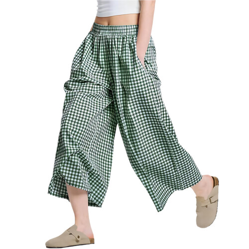 Oversized Checkered Capris Pants Loose Fit Lightweight-Green L