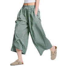 Plaids Pattern Wide Leg Capris Pants Elastic Waist-Green XL