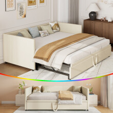 Ausziehbares Schlafsofa 90/180x200cm, Ausziehbarer Lattenrost, Gepolstertes Bett, Skandinavischer Stil, Samt, Beige