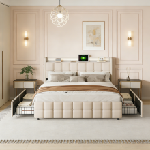 Polsterbett 140 x 200 cm, USB & LED, 4 Schubladen, Doppelbett, Matratze nicht enthalten, beige