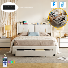 Bett mit Stauraum 160x200cm , gepolstertes Bett mit LED & einer Schublade, Lattenrost, Samt, Weiß