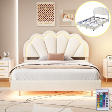 Gepolstertes Kinderbett 140 x 200 cm, Mädchenbett mit Lattenrost und LED-Beleuchtung, Doppelbett mit geschwungenem Kopfteil, Samt, Beige