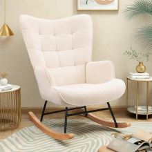 Fauteuil à Bascule - Rocking Chair - Cadre en métal - Dossier haut et rembourré - Tissu Teddy pour Salon - Confort Optimal - Beige