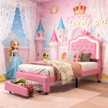 Mädchen Bett 90 x 200 cm, Kronenform, mit LED-Beleuchtung und verstellbarem Kopfteil, Einer Schublade, PU, Rosa