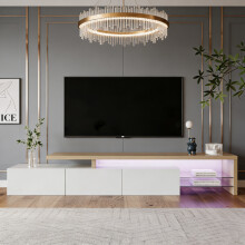 Weißer TV-Ständer 200 cm, LED-TV-Ständer, eleganter, niedriger TV-Ständer, praktischer Stauraum, Glasablagen