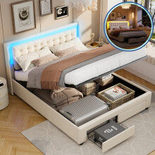 Bett mit Stauraum 140x190cm, gepolstertes Doppelbett mit LED-Beleuchtung, 2 Schubladen und Stauraum, Samt, Beige