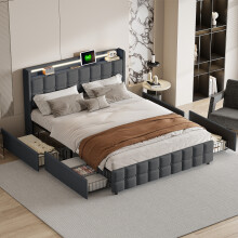 Polster Bettgestell 160x200cm mit LED Licht, USB-Ladestation, 4 Stauraum-Schubladen, Leinenstoff Bett für Schlafzimmer