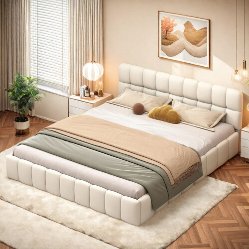 Doppelbett 140x190 cm, Bubble-Bett, Leinen, Beige
