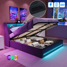 Gepolstertes Bett 160 x 200 cm, Stauraumbett mit Rückenlehne, LED-Beleuchtung, Leinen, Grau