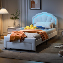 Einzelbett 90x200cm, mit LED-Beleuchtung und Schublade, blütenförmigem Kopfteil, Flanellbezug, weiß