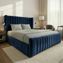 (6ft Super King(No Gaslift), Blue(with Mattress)) Luxury Winged Panel Bed Frame Plush Velvet Upholstered Bed Gas Lift Storage