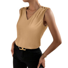 Women's Silk Sleeveless V-Neck Casual Basic-Beige S