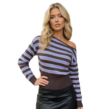 (L, Multicolor) Womens Knit Tops Long Sleeve Off One Shoulder Striped Print Fall Pullover Sweater