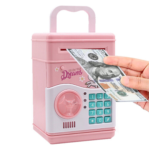 Cofrinho eletrônico infantil com trava de senha, rosa