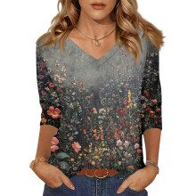 Women 3/4 Sleeve V-Neck Casual Outing Shirt Loose Fit-Black XL
