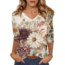 Women 3/4 Sleeve V-Neck Casual Outing Shirt-light brown XL