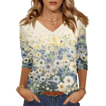 Women 3/4 Sleeve V-Neck Casual Outing Shirt Loose Fit-White XXL