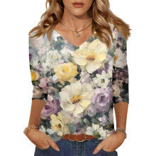 Women 3/4 Sleeve V-Neck Casual Outing Shirt Loose Fit-Yellow XL